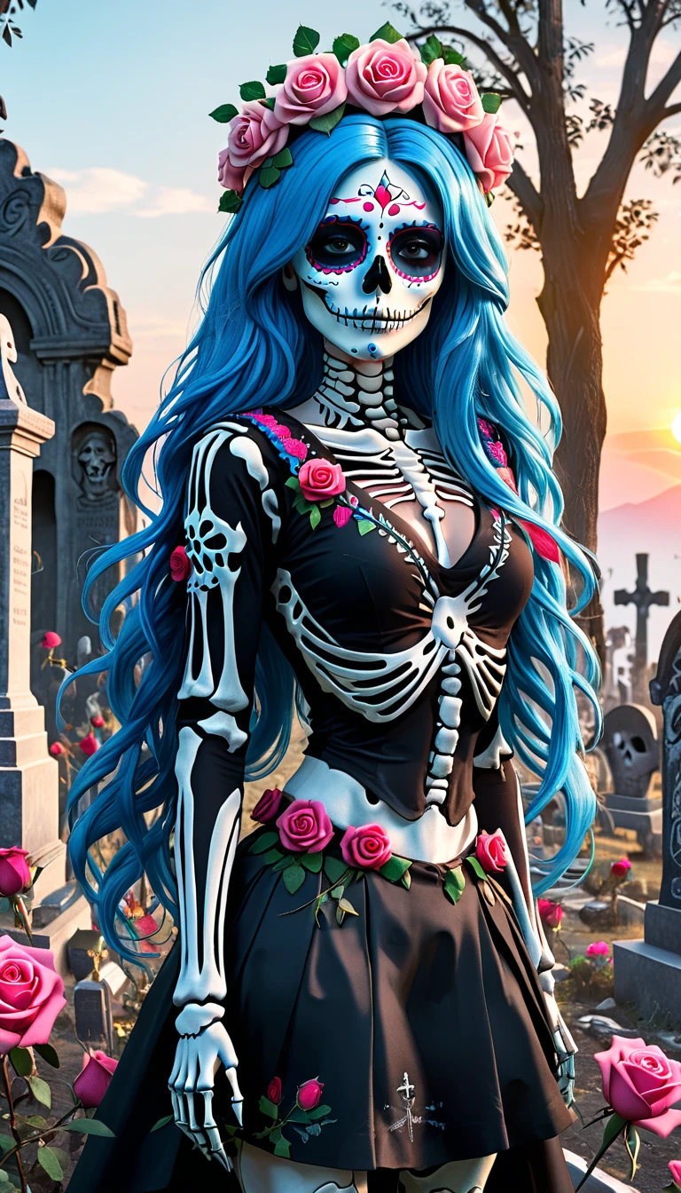 Unreal Engine:1.4,Ultra HD,Best quality:1.4, fotorRealist:1.4, Texture:1.4, masterpiece:1.8,Beautiful woman with pink sun sugar skull death makeup, beautiful,Mexican Day of the Dead,(Skeleton Cemetery Fund:1.4),( detailed:1.4),( Blue long hair:1.4),(hand:1.5),(Black skirt:1.4), (Rose crown:1.4),Katrina:1.4,8K, 。...............................3d, Realist, Ultra-macro photography, Highest quality, Super detalle CG Unity 8K,Perfect face,(hand:1.4)