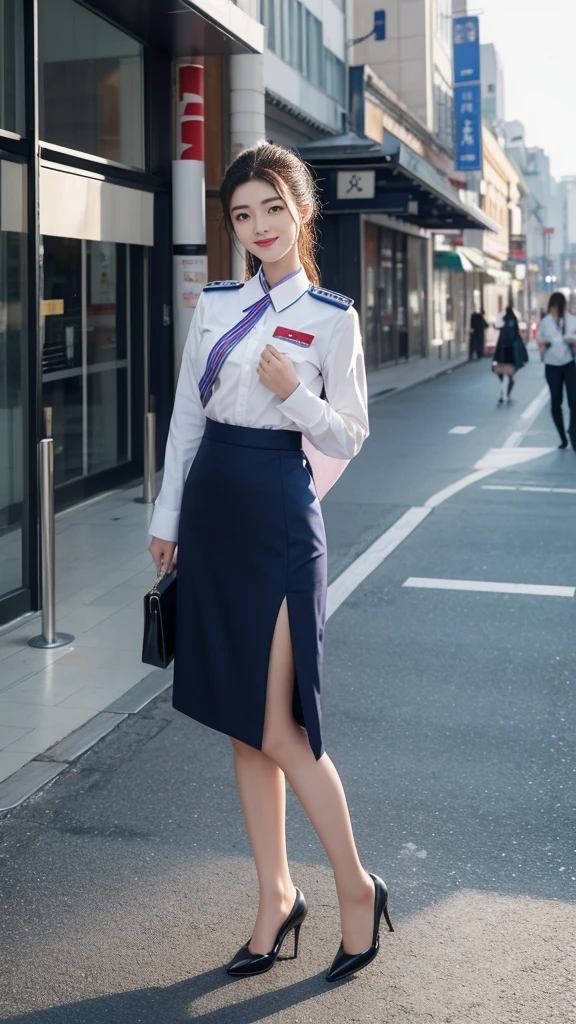 A beautiful Sichuan girl,20 years old,young and beautiful,Airline stewardess,穿着Airline stewardess服装,Stand on the high street,Gentle and charming,Correct human body structure,Correct anatomy,(Natural eyes:1.8),Exquisite facial features,Smile,Hip skirt,High heel,Sexy,Elegant posture