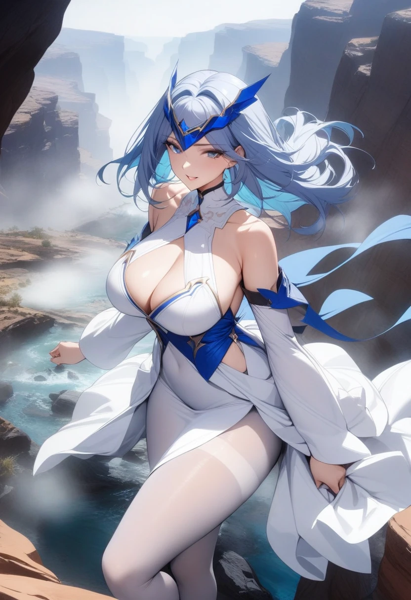 masterpiece, best quality, very aesthetic, absurdres, 1girl, mature_lady, ,Electric blue hairheadpiece,bare_shoulders, detached_sleeves, dress, long_sleeves, pantyhose, white_dress, white_pantyhose,in the canyon,fog,dark,floating_hair