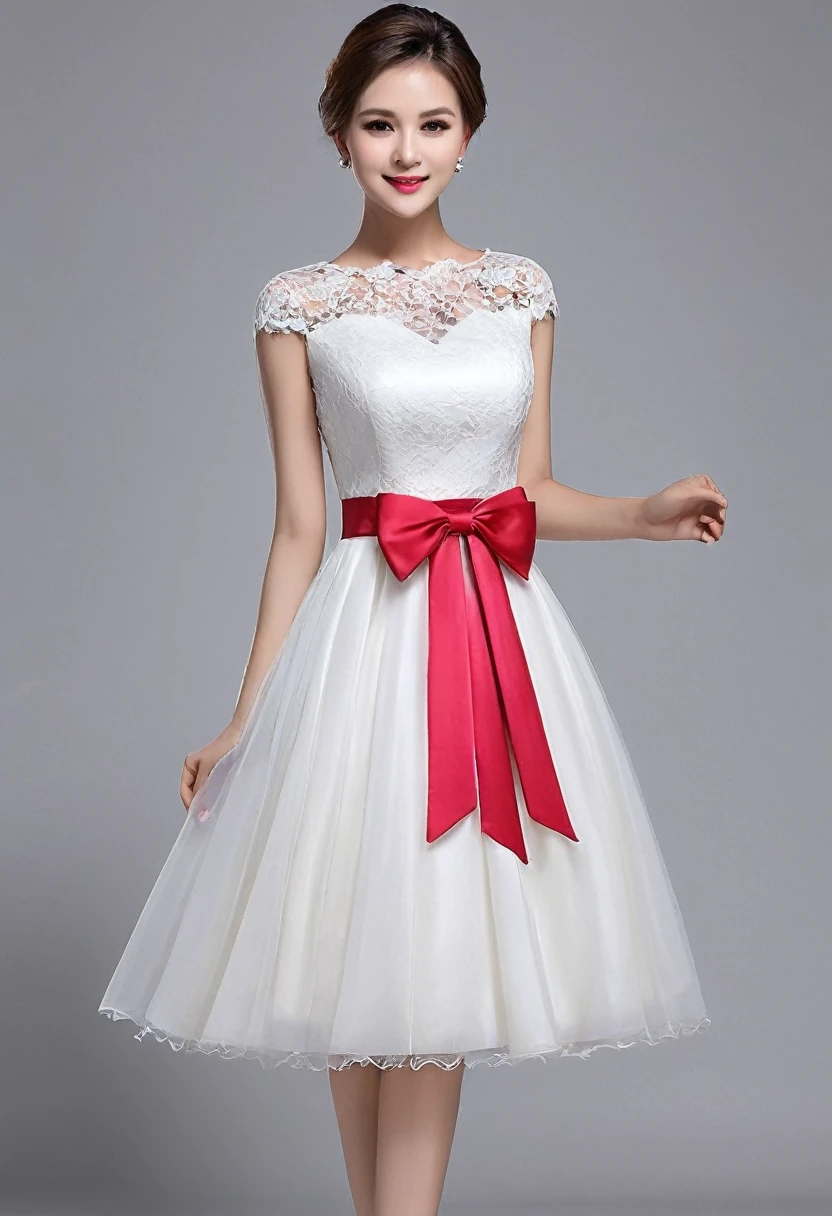 Please design an attractive beautiful
woman' party dress considering the following parameters:
1. Color: Red, Pink, Blue
2. Length: Short, Midi, Long
3. Fabric: Satin, Silk, Tulle
4. Details: Lace, Bow, Belt
5. Occasion: Wedding, Party, Birthday
The design should be appealing, modern, and suitable for young girls.