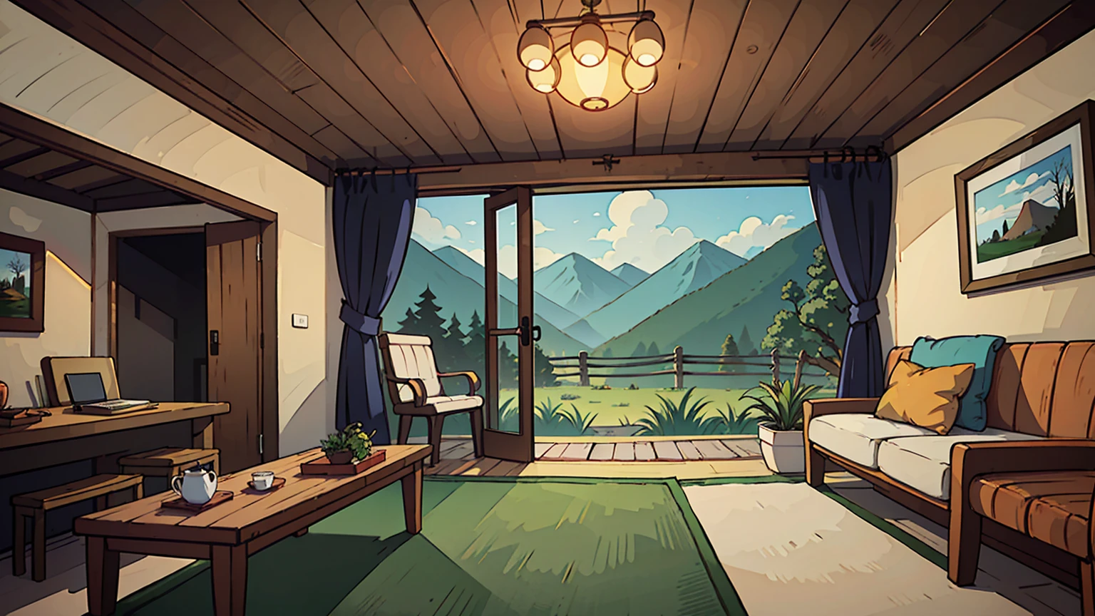 Cartoon style, interior view of a simple Vietnamese wooden small hut, the background is a wide view of forest and mountains.