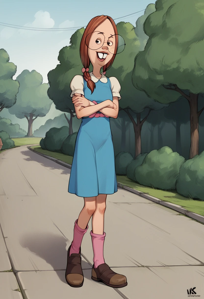 zPDXL, zPDXLxxx, score_9, score_8_up, score_7_up, score_6_up, score_5_up, score_4_up, BREAK  gretchen_grundler, 1girl, dress, crossed arms, glasses, braid, looking at viewer, smile, buck teeth, short sleeves, blue dress, outdoors, pink socks, brown shoes