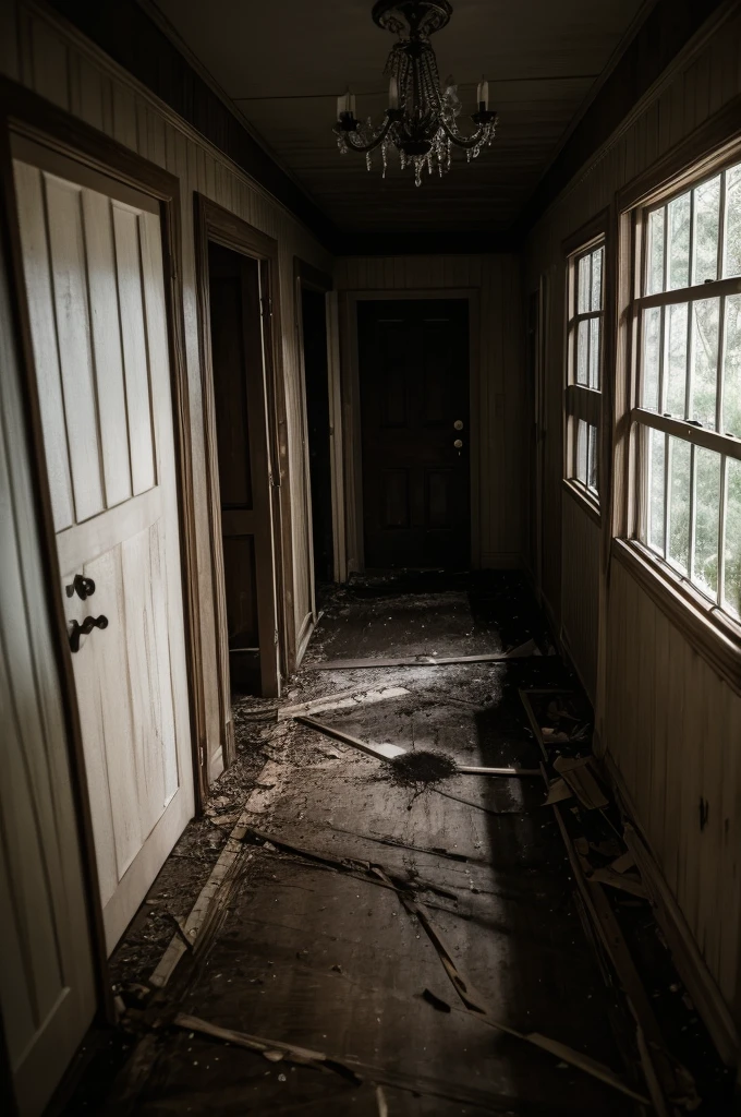 The interior of an ordinary house in the United States, horror movie scene, macabre and dark environment until night