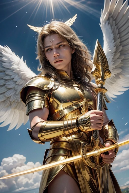 Create an image of Saint Michael the Archangel in high definition, represented as a powerful celestial warrior. He must be in a majestic pose, with open and shining wings, emanating a divine light. Saint Michael must hold a sword of light in one hand and a shield decorated with angelic symbols in the other. The expression on Saint Michael&#39;s face must be serious and determined, reflecting your strength and protection.

Ao fundo, there must be a heavenly setting with golden clouds and rays of heavenly light, conveying a sense of divine power and protection. Add details like shining armor and angelic elements to highlight Saint Michael&#39;s divinity and power. Make sure the image has vivid colors and sharp details to create a visually stunning and inspiring representation of the protective archangel