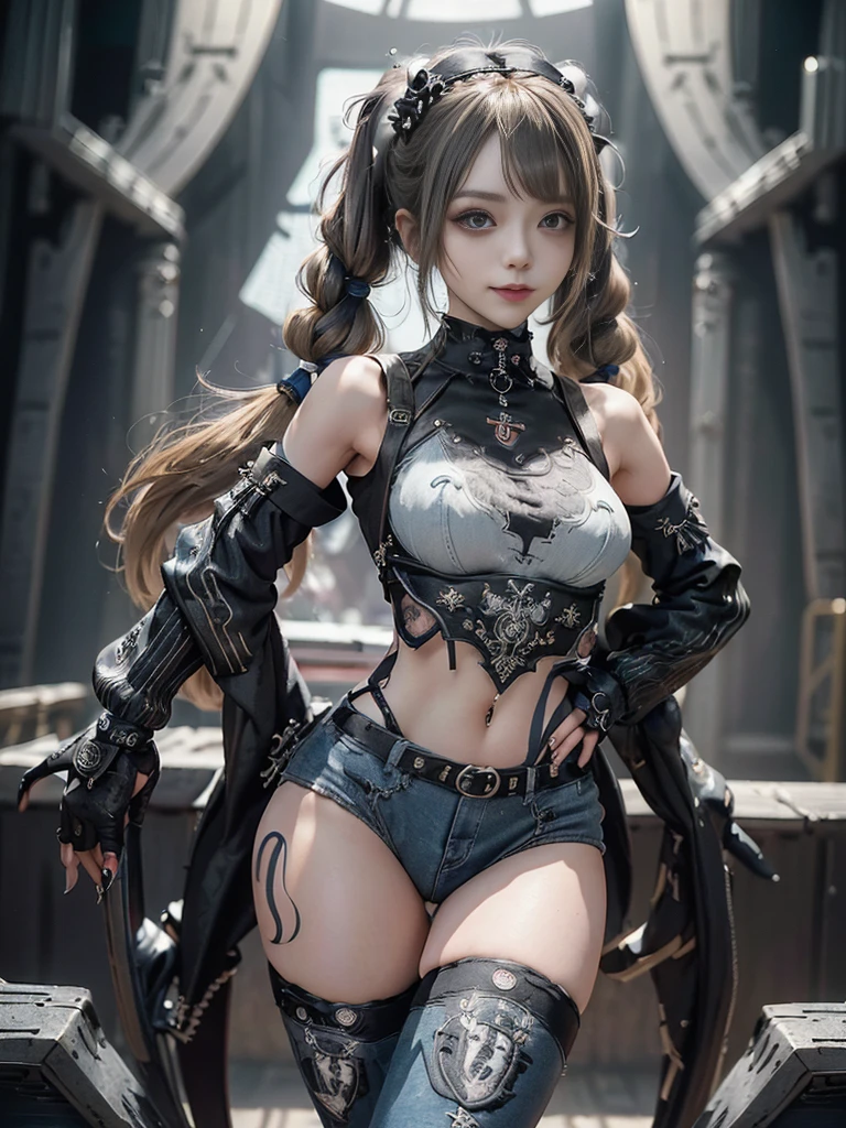 (Full Body View:1.3)、(Side view:1.1)、(Smiling with teeth showing:1.3),(Shibuya Gal:1.5)、(Gothic Lolita style fashion:1.5)、(Punk RockVisual Kei:1.5)、(Wearing a rhythmic gymnastics bodysuit with intricate details:1.4)、(Racing suit and pants with intricate decorations in white, denim and charcoal:1.5)、(Denim and light blue and white boots:1.3)、((belt))、(Numerous delicate logo marks all over the costume:1.4)、(collar:1.3)、(Striped underwear:1.5)、20-year-old、NSFW、((Highest quality、In 8K、masterpiece:1.3))、Sharp focus:1.2、(Layered Cut、Huge boobs:1.1),Beautiful woman with perfect figure:1.4、(Dancing vigorously:1.3)、Slender Abs:1.2、Highly detailed face and skin texture、Detailed eyes、double eyelid,(Twin tails:1.3)、(Brown-golden hair:1.3)、Gravure idol、(The background is the stage of the fashion show:1.3)、(Slim body:1.3),(Make your legs thinner:1.4),（clavicle:1.1）、(Thin and slim thighs:1.3)