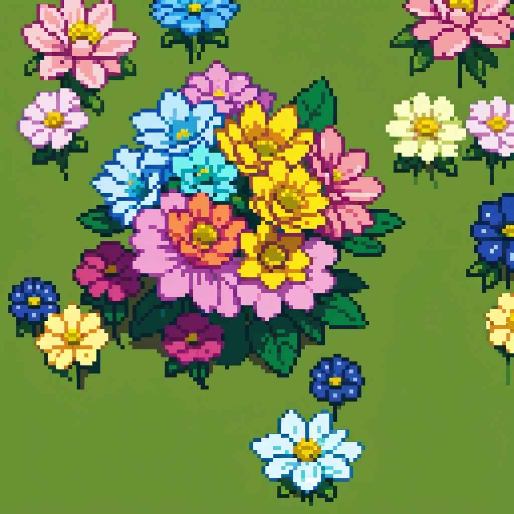 Zoom in to a colorful flower, grass, multiple beautiful pastel colors, multiple flowers