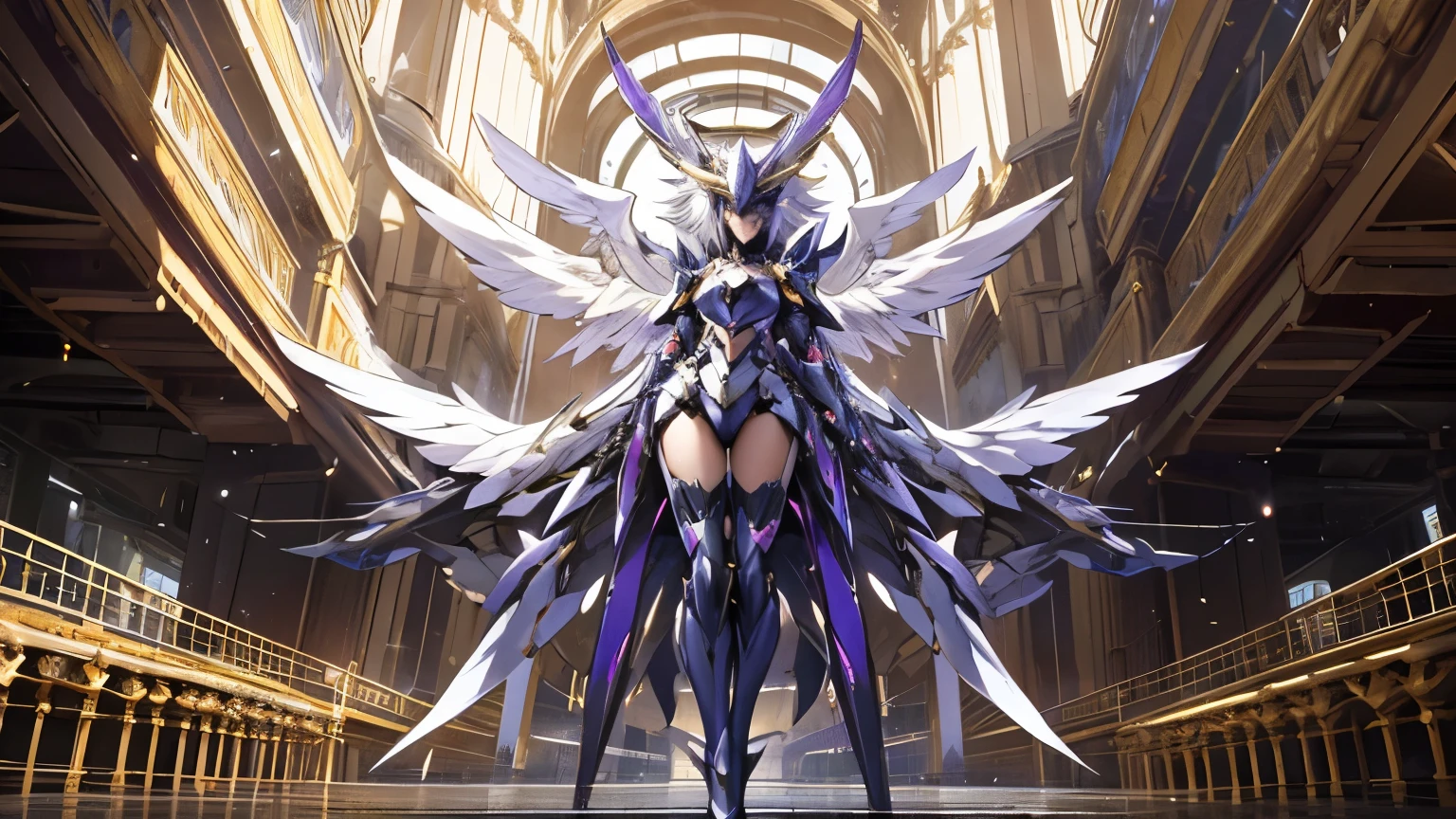 full body woman as an archangel, with black purple cyberdroid, mecha-armor, wearing a short blusher veil, messy hairdo, golden mecha-halo on top of the head, heavy Arch angel mecha-wings, visible face, big chest, bikini armor