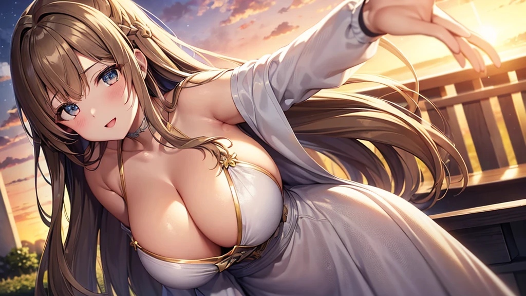 asuna,STAR, crown half up hairstyle,, woman, happy, huge breasts, dress, overexplosure, light brown Clothes, dusk sky, dusk, sunset, Free Pose、Shoulder Off、Cleavage exposure、Only one woman、Low - Angle