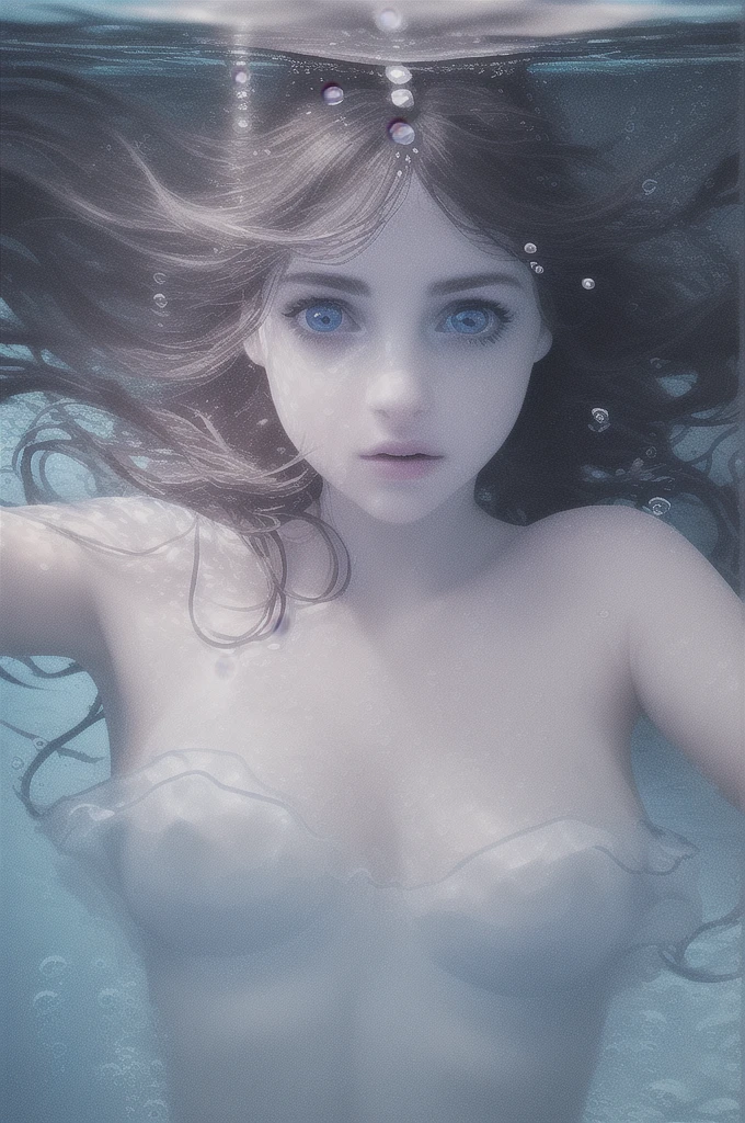 masterpiece, photo realistic, face portrait of 1girl, swimming underwater, white top, bare shoulders, beautiful girl face, natural detailed hair movement underwater, air bubbles, vibrant, realistic, dramatic, sharp focus, 8k