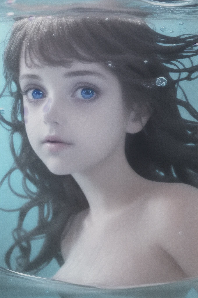 masterpiece, photo realistic, face portrait of 1girl, swimming underwater, white top, bare shoulders, beautiful girl face, natural detailed hair movement underwater, air bubbles, vibrant, realistic, dramatic, sharp focus, 8k