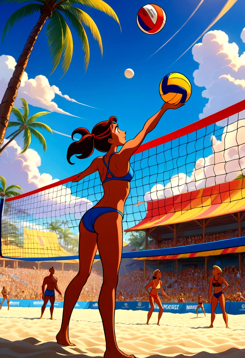 Beach Volleyball, by Skottie Young, full body, cinematic still, cinemascope, best quality, masterpiece, very aesthetic, perfect composition, intricate details, ultra-detailed, vivid colors