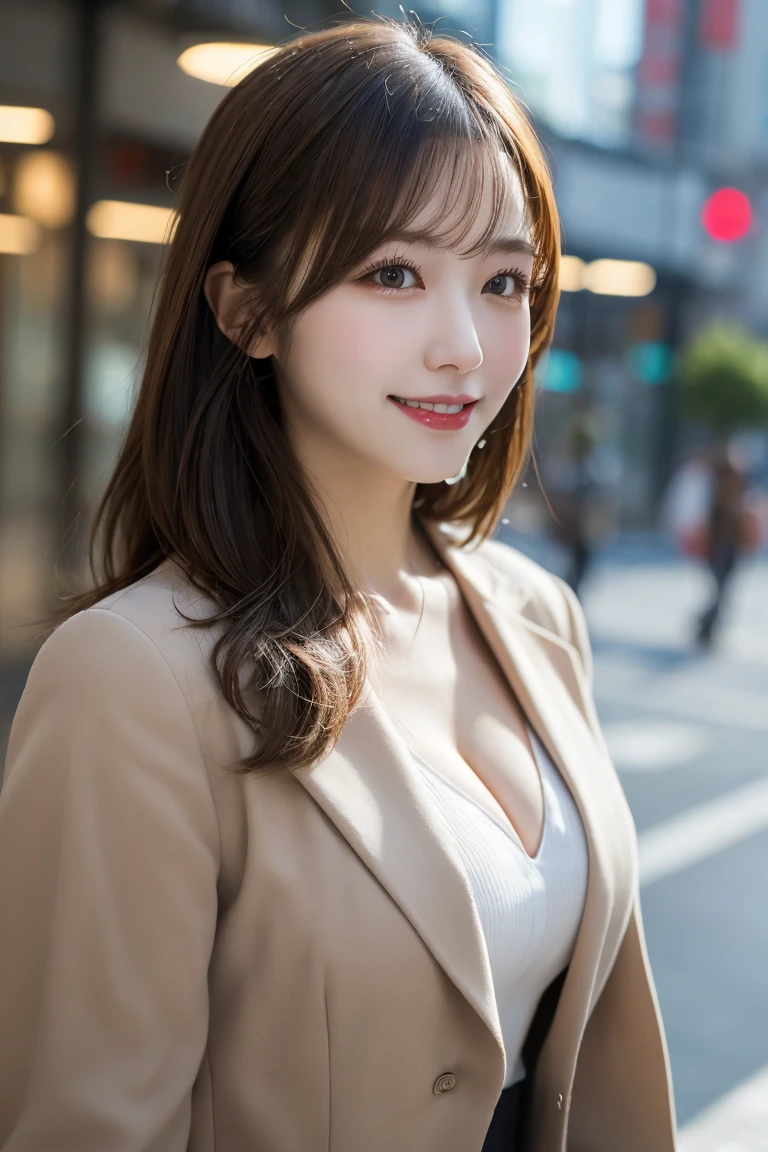 Commuting Office district Walking、, Highest quality, shape, Very detailed, In detail, High resolution, 8k wallpaper, Perfect dynamic composition, Beautiful details, Natural Lip, suit, Big Breasts, Cleavage, She is looking at me and smiling.., A masterpiece of the whole body, Side shot
