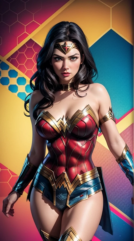 Wonder Woman (big tits) in the style of Spider-Man, masterpiece, best quality, abstract, psychedelic, neon, (honeycomb pattern), (creative:1.3), sy3, SMM, fantasy00d