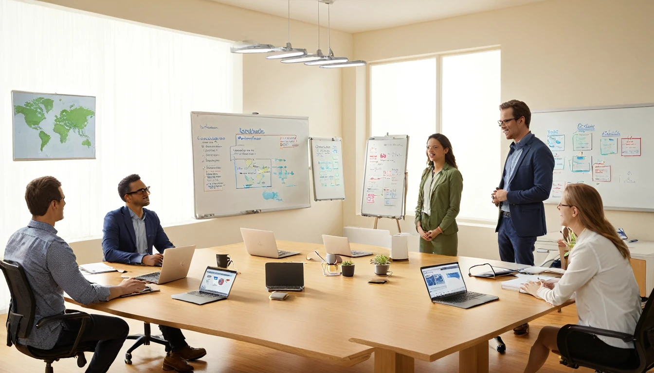 "Capture a professional team meeting in a modern office conference room. The room should have a large conference table, several team members engaged in discussion, laptops, notepads, and a whiteboard with diagrams. Use an 8K resolution camera to ensure all details are clear and sharp. The lighting should be natural and even, with a mix of natural light from windows and soft artificial lighting."