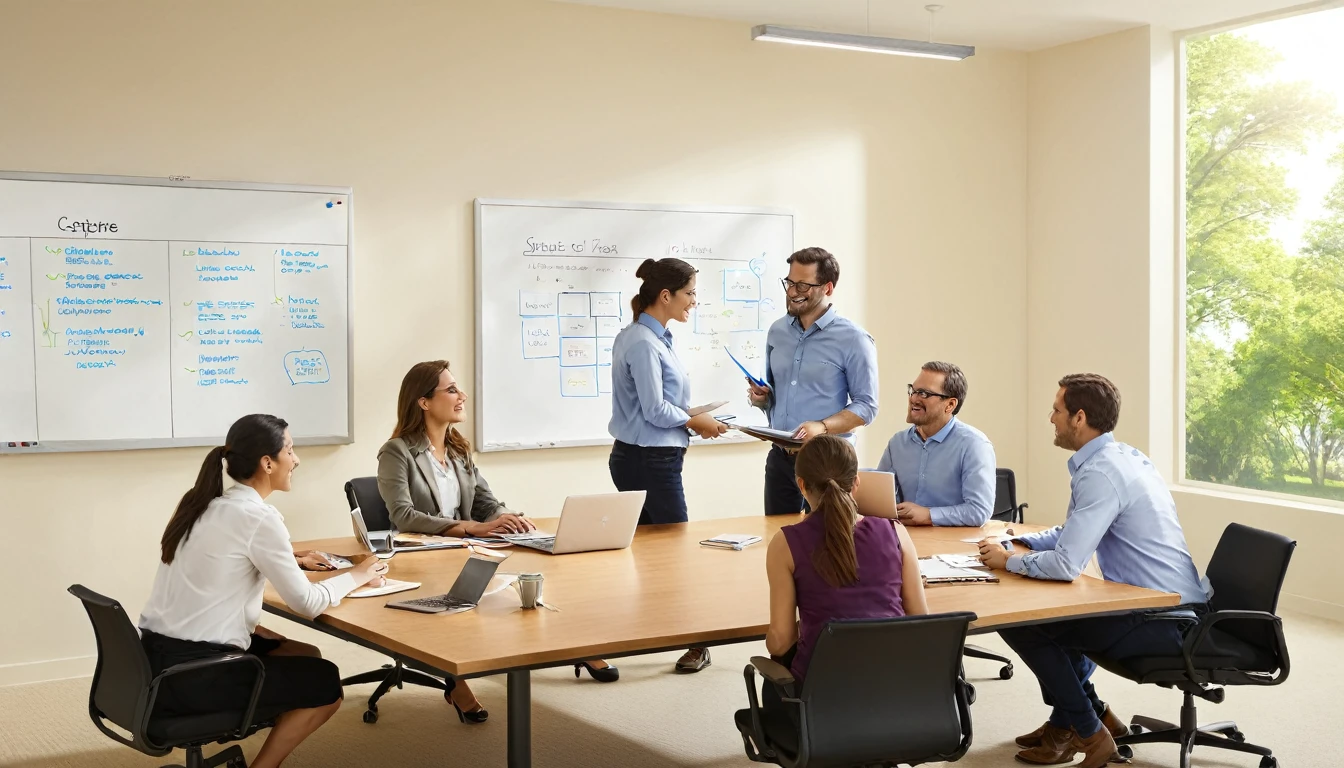 "Capture a professional team meeting in a modern office conference room. The room should have a large conference table, several team members engaged in discussion, laptops, notepads, and a whiteboard with diagrams. Use an 8K resolution camera to ensure all details are clear and sharp. The lighting should be natural and even, with a mix of natural light from windows and soft artificial lighting."

