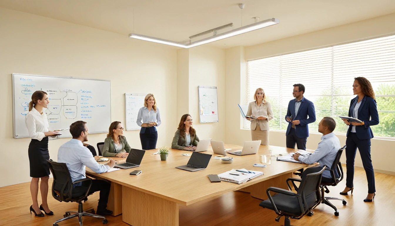 "Capture a professional team meeting in a modern office conference room. The room should have a large conference table, several team members engaged in discussion, laptops, notepads, and a whiteboard with diagrams. Use an 8K resolution camera to ensure all details are clear and sharp. The lighting should be natural and even, with a mix of natural light from windows and soft artificial lighting."

