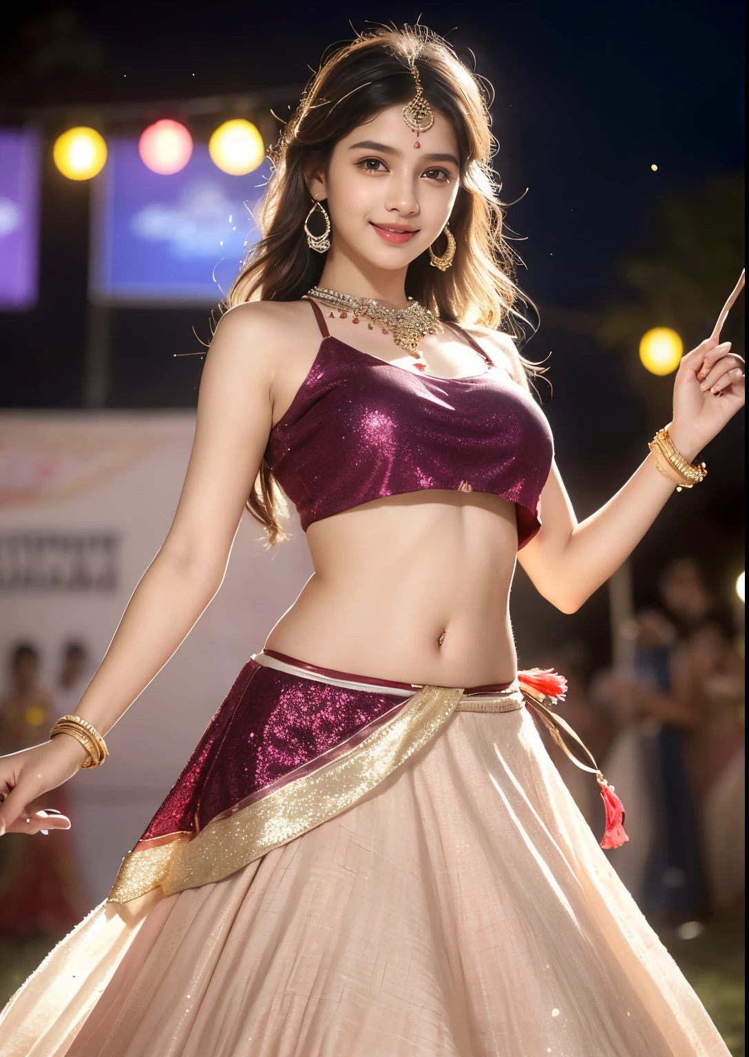 (((desi indian young 14 aged girl))), 14 years girl, cute and pretty face, natural skin, wearing hot Lehenga and choli dress, charming black hair, ((hair ends are blonde)), (Indian festival Holi celebration's in background), detailed Holi festival, (wearing simple jewellery), Super Round Big Young Breast, Pretty cute Navel, Soft Oval Navel, Detailed pretty Navel, (Navel Jewelry), Slender girl, bright light, longhair, Bokeh, Indian ,tree branch, colorful, ((Glitter burgundy color princess dress))((choli:1.2,lehenga:1.2)), detailed princess dress, designer dress, realistic big smile, pretty, cute, 4k, 8k, CG unity 8k wallpaper, depth of field, ray tracing, perfect figure, sweet round breasts, romantic Eyes, Romantic smile, Romantic Standing Angle, stylish curved angle, (angle with playing traditional dance), Bright skin, glow face, glow skin, small cleavage, ((colors splash on body and dress)), ((paint splash on body and dress)), Dance,