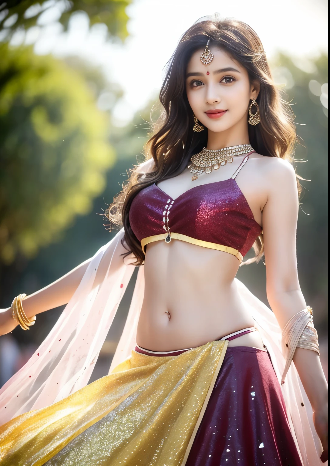 (((desi indian young 14 aged girl))), 14 years girl, cute and pretty face, natural skin, wearing hot Lehenga and choli dress, charming black hair, ((hair ends are blonde)), (Indian festival Holi celebration's in background), detailed Holi festival, (wearing simple jewellery), Super Round Big Young Breast, Pretty cute Navel, Soft Oval Navel, Detailed pretty Navel, (Navel Jewelry), Slender girl, bright light, longhair, Bokeh, Indian ,tree branch, colorful, ((Glitter burgundy color princess dress))((choli:1.2,lehenga:1.2)), detailed princess dress, designer dress, realistic big smile, pretty, cute, 4k, 8k, CG unity 8k wallpaper, depth of field, ray tracing, perfect figure, sweet round breasts, romantic Eyes, Romantic smile, Romantic Standing Angle, stylish curved angle, (angle with playing traditional dance), Bright skin, glow face, glow skin, small cleavage, ((colors splash on body and dress)), ((paint splash on body and dress)), Dance, 