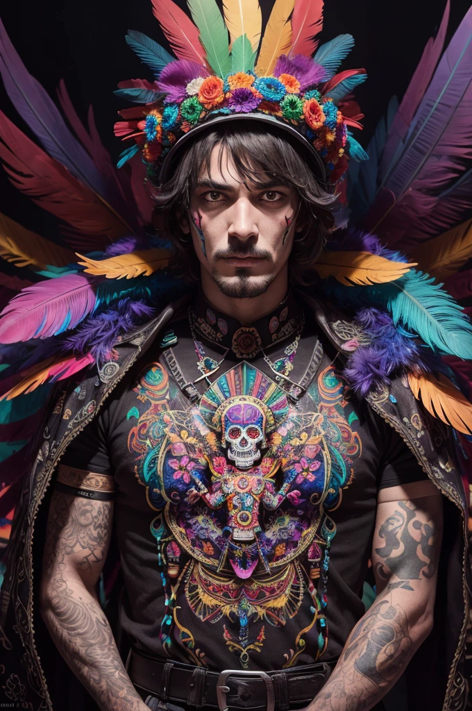 in psychedelic style, a representation of the Day of the Dead in a multiple father and son moment, with feathers ,magnificent and detailed. Lots of texture and an explosion of dark colored powder in the background, 8K