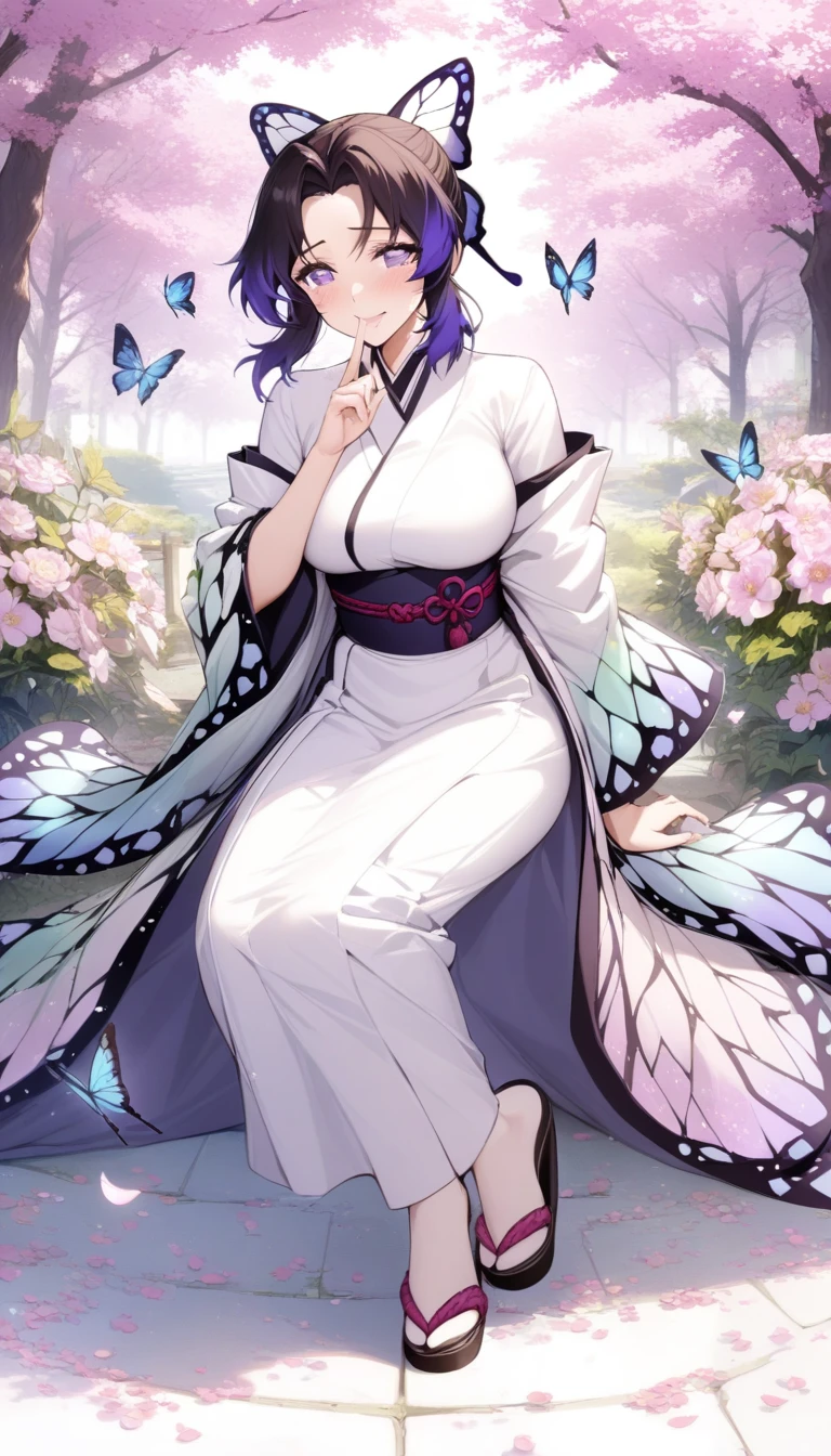 masterpiece, best quality, very aesthetic, absurdres, 1girl, mature_lady, full body, ,Kochou Shinobu, Decorate hair with a butterfly, violet eyes, multi-colored hair, Short hair, Parted bangs, Japanese dress,shushing, silence gesture,finger_to_mouth,blush,tears in eyes,embarrassed,,surrounding by flowers,falling_petals, outdoors, petals,,floating_hair