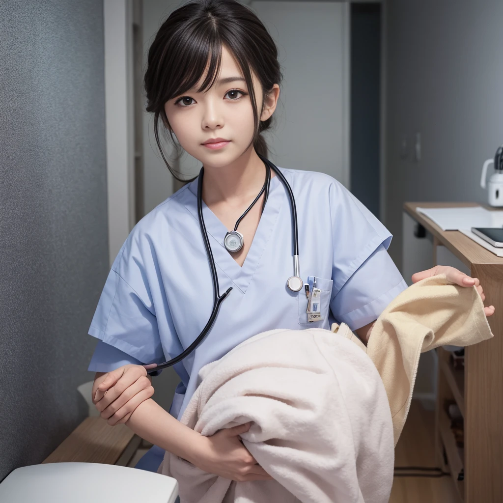 (Small nurse's cap, In underwear,Ass、Black Hair、Big Ass、Inside the hospital、White string panties、White bra、Knee-high socks)、Extremely sexy、Glamorous Body、smile、Professional Lighting、Impressive body curves、Beautiful adult woman、Captivating thighs、Very large breasts、Cleavage、Cowboy Shot