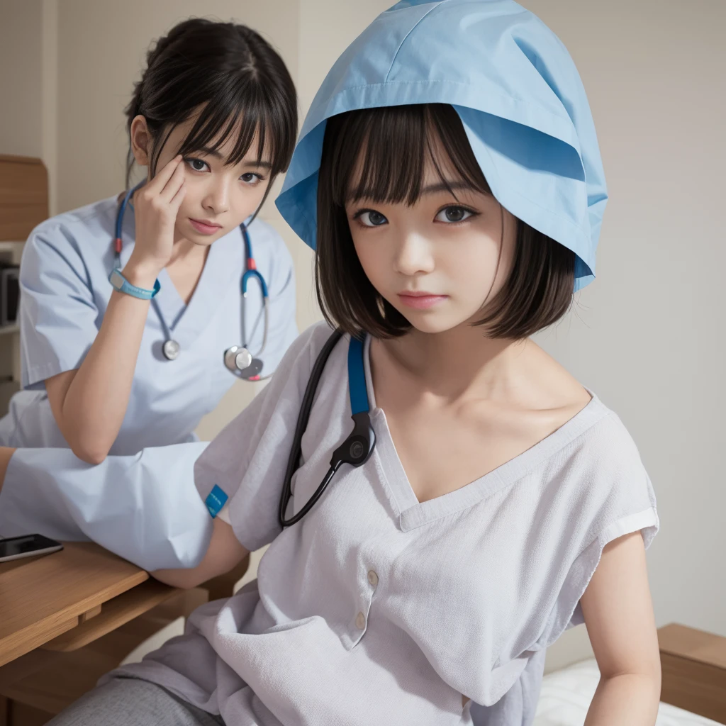 （Small nurse&#39;s cap, In underwear,Ass、Black Hair、Big Ass、Inside the hospital、White string panties、White bra、Knee-high socks）、Extremely sexy、Glamorous Body、smile、Professional Lighting、Impressive body curves、Beautiful adult woman、Captivating thighs、Very large breasts、Cleavage、Cowboy Shot