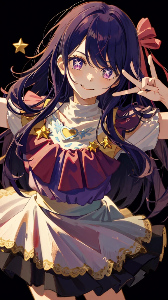 Beautiful idol star 野愛, gloves with fringes, tongue sticking out, tongue piercing, long wavy hair adorned with star-shaped hairpins, star-shaped pendant necklace, purple hair with star-shaped pupils, purple eyes, one shoulder bare, revealing a pink frilled shirt, smiling, raising her hand with a peace sign, bangs falling on one side, revealing a star-shaped tattoo on her upper arm, high-quality, highest resolution, isometric perspective, Rembrandt-style figure painting, detailed and intricate, depth of field, looking directly at the audience, sharp focus, bokeh effect, written boundary, professional, vivid colors, nostalgic atmosphere of