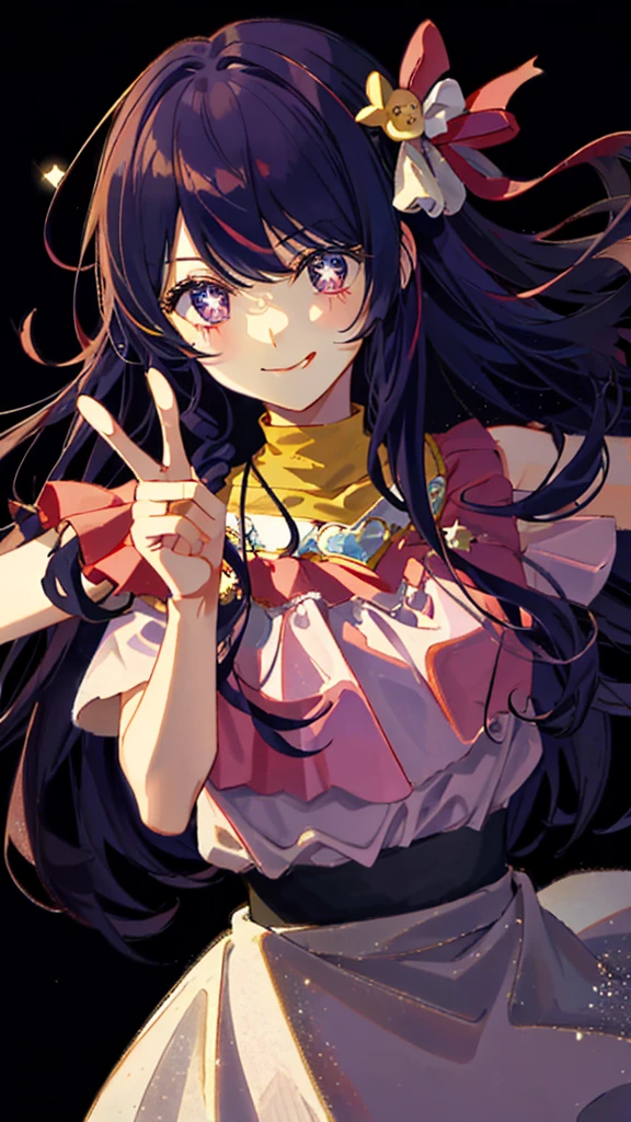 Beautiful idol star 野愛, gloves with fringes, tongue sticking out, tongue piercing, long wavy hair adorned with star-shaped hairpins, star-shaped pendant necklace, purple hair with star-shaped pupils, purple eyes, one shoulder bare, revealing a pink frilled shirt, smiling, raising her hand with a peace sign, bangs falling on one side, revealing a star-shaped tattoo on her upper arm, high-quality, highest resolution, isometric perspective, Rembrandt-style figure painting, detailed and intricate, depth of field, looking directly at the audience, sharp focus, bokeh effect, written boundary, professional, vivid colors, nostalgic atmosphere of
