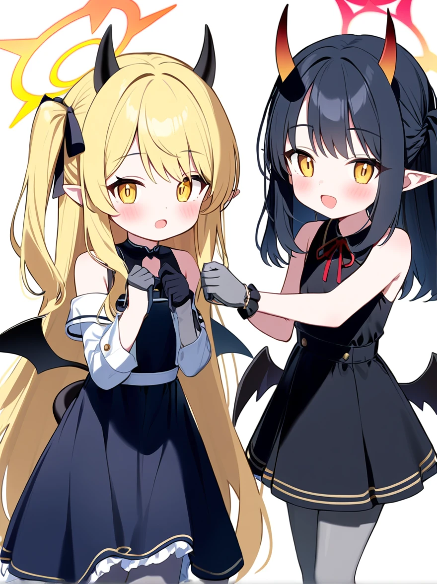 ibuki \(blue archive\),yellow eyes,pointy ears,blonde hair,long hair,one side up,halo,black hair ribbon,horns,(tail,low wings:1.2),(black dress:1.2),bare shoulders,grey gloves,grey pantyhose,mary janes,