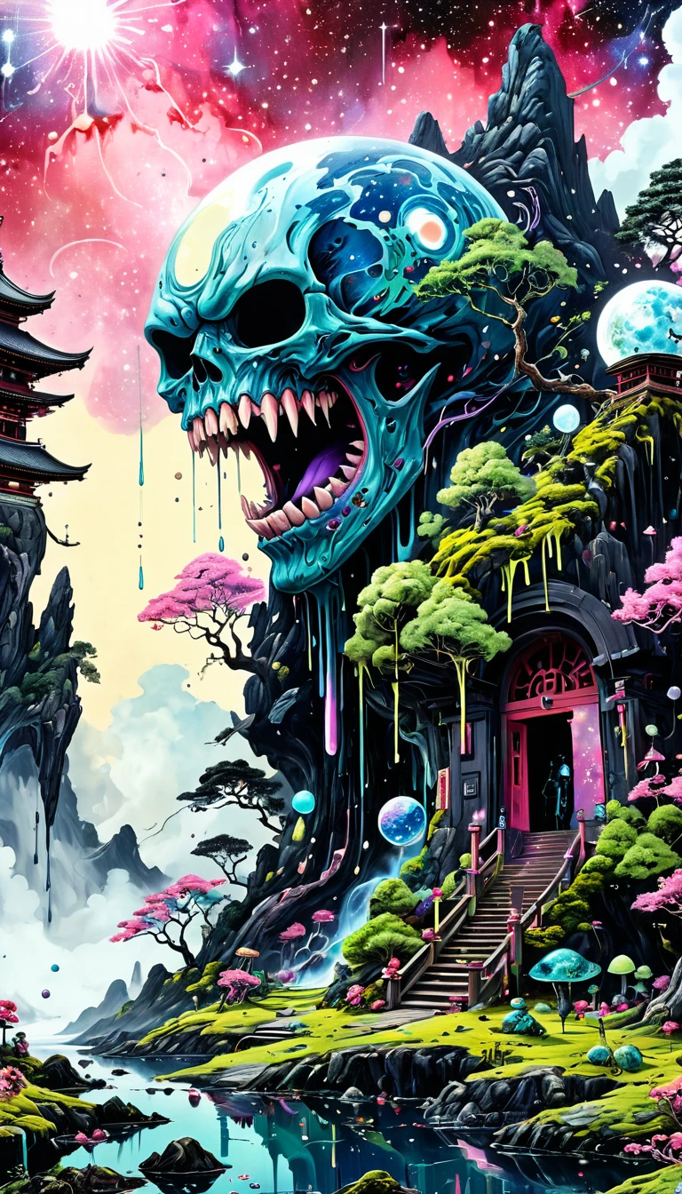 日本Ink Painting, Ink drip drawing, horror-themed space-themed Surrealism, (ral-cmpctdsc style), Concept Art Hyperrealistic Anatomy, Anatomy, human body, Strange organ, Space Demon, Sharp Teeth, wide severeace, masterpiece, best quality, Very detailed, Clear focus, Dynamic Lighting, Bright colors, Texture Details, Particle Effects, Storytelling elements, Narrative talent, 16K, Unreal Engine 5, Human Development Report, Subject-background isolation, Digital Artwork, 说明Sexual, Sexual, Painted landscapes, Very detailed, Expressive, dramatic, organic lines and forms, dreamy and mysterious, Surrealism, universe, Heavenly, Star, galaxy, nebula, planet, Science fiction, Very detailed, weird, Disturbing, dark, spooky, There is a lot of suspense, severe, Very detailed, Ink Painting, Drop ink, Ink Painting, Ink Painting, Japanese cartoon style, Japanese Torii made by ral-cmpctdsc