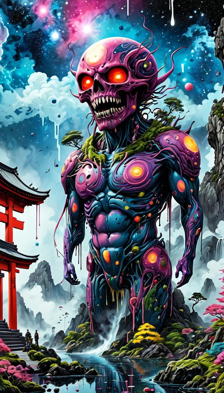 日本Ink Painting, Ink drip drawing, horror-themed space-themed Surrealism, (ral-cmpctdsc style), Concept Art Hyperrealistic Anatomy, Anatomy, human body, Strange organ, Space Demon, Sharp Teeth, wide severeace, masterpiece, best quality, Very detailed, Clear focus, Dynamic Lighting, Bright colors, Texture Details, Particle Effects, Storytelling elements, Narrative talent, 16K, Unreal Engine 5, Human Development Report, Subject-background isolation, Digital Artwork, 说明Sexual, Sexual, Painted landscapes, Very detailed, Expressive, dramatic, organic lines and forms, dreamy and mysterious, Surrealism, universe, Heavenly, Star, galaxy, nebula, planet, Science fiction, Very detailed, weird, Disturbing, dark, spooky, There is a lot of suspense, severe, Very detailed, Ink Painting, Drop ink, Ink Painting, Ink Painting, Japanese cartoon style, Japanese Torii made by ral-cmpctdsc