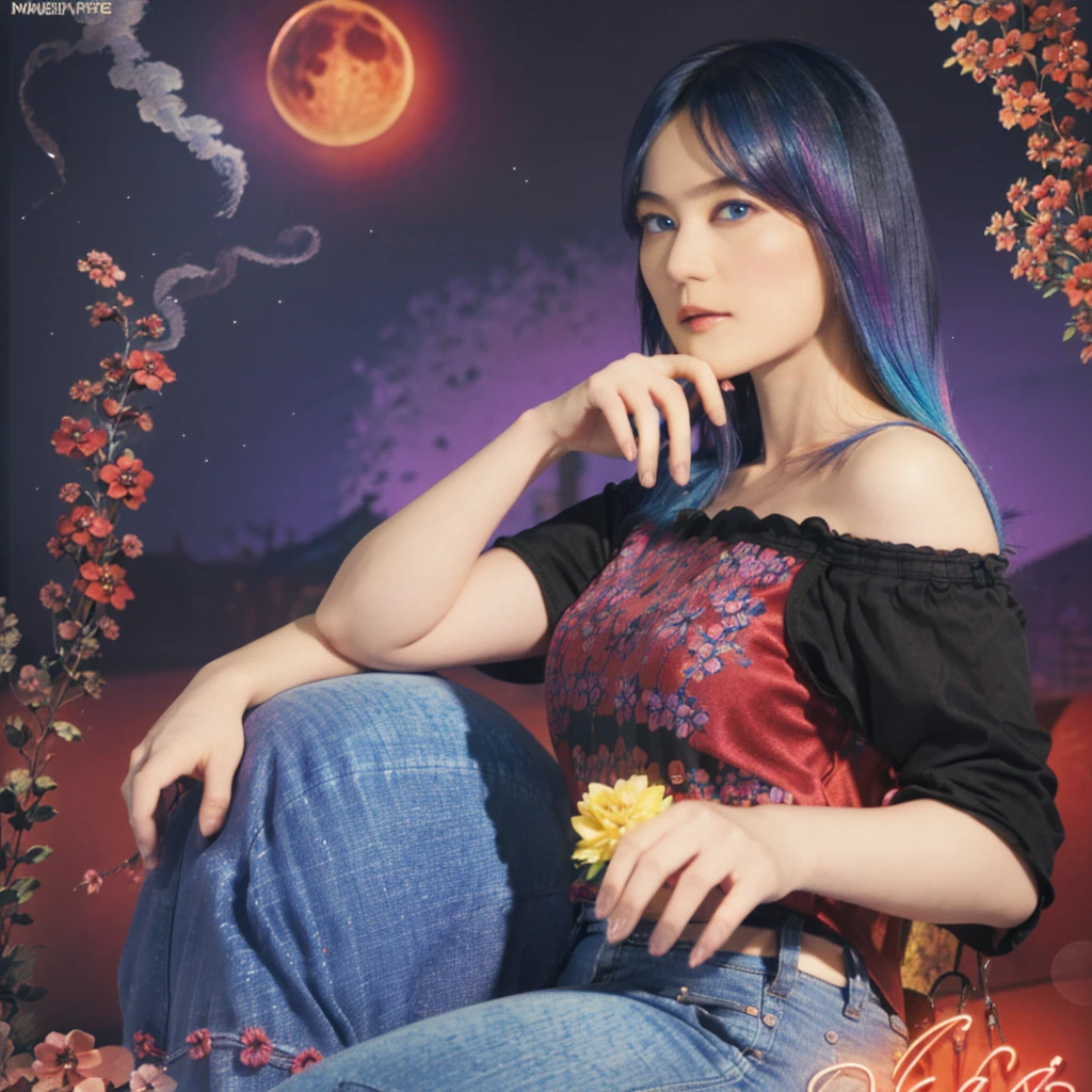 A beautiful young woman, aged 28, long rainbow colored hair, sapphire blue eyes that shine like gemstones, curvy figure, wearing a black cropped t-shirt with a floral pattern, wearing low rise dark purple jeans, colorful city background with neon, nighttime, blood red moon in the sky, neon smoke