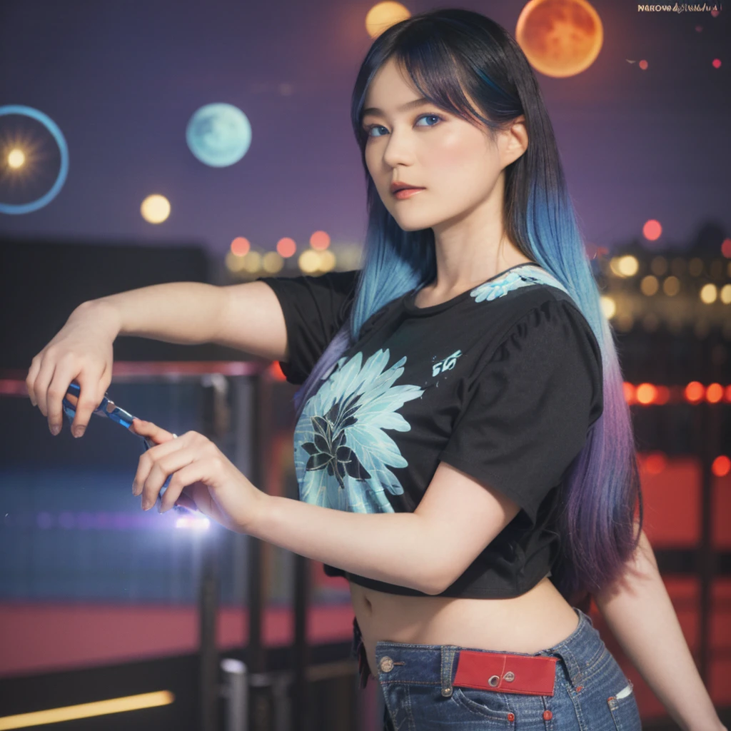 A beautiful young woman, aged 28, long rainbow colored hair, sapphire blue eyes that shine like gemstones, curvy figure, wearing a black cropped t-shirt with a floral pattern, wearing low rise dark purple jeans, colorful city background with neon, nighttime, blood red moon in the sky, neon smoke