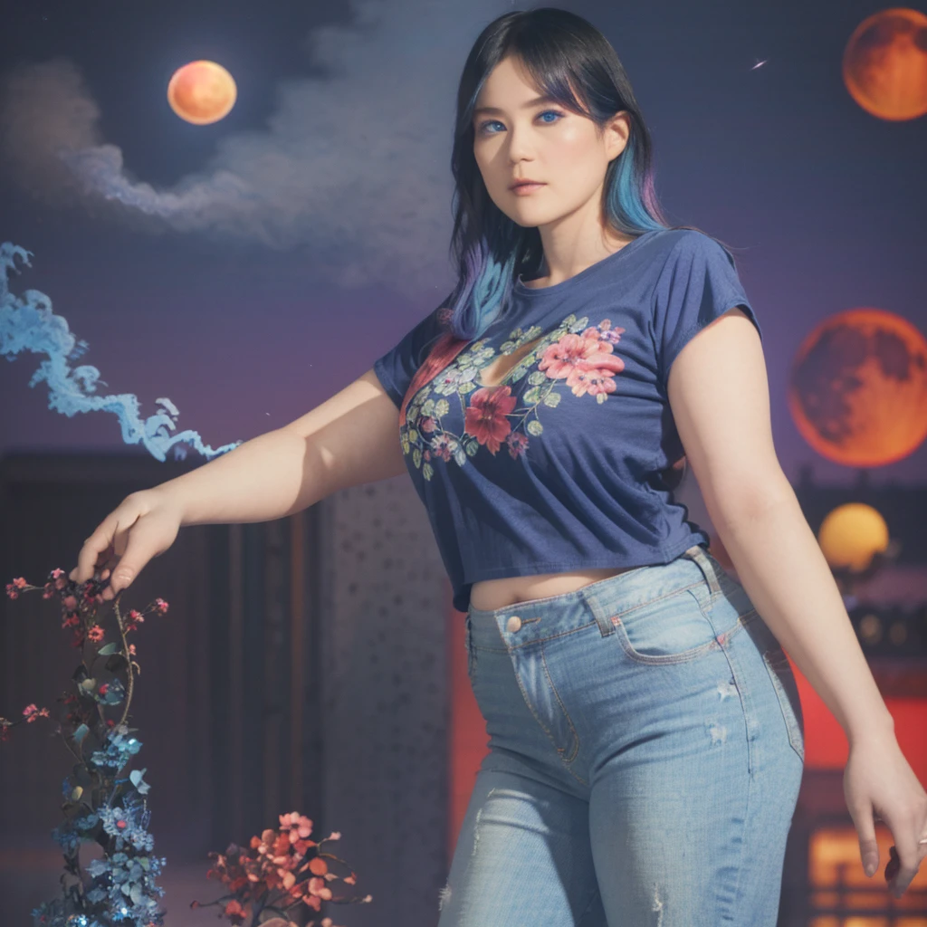 A beautiful young woman, aged 28, long rainbow colored hair, sapphire blue eyes that shine like gemstones, curvy figure, wearing a black cropped t-shirt with a floral pattern, wearing low rise dark purple jeans, colorful city background with neon, nighttime, blood red moon in the sky, neon smoke
