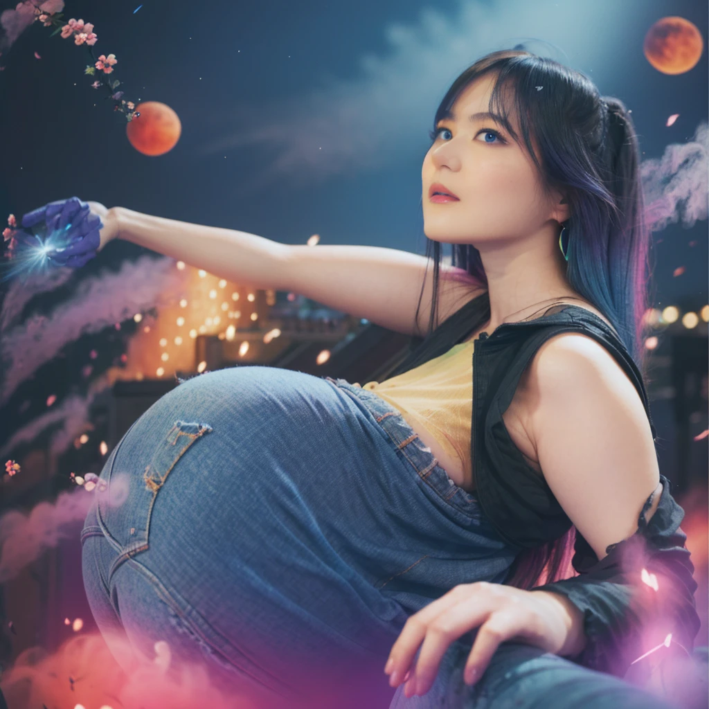 A beautiful young woman, aged 28, long rainbow colored hair, sapphire blue eyes that shine like gemstones, curvy figure, wearing a black cropped t-shirt with a floral pattern, wearing low rise dark purple jeans, colorful city background with neon, nighttime, blood red moon in the sky, neon smoke