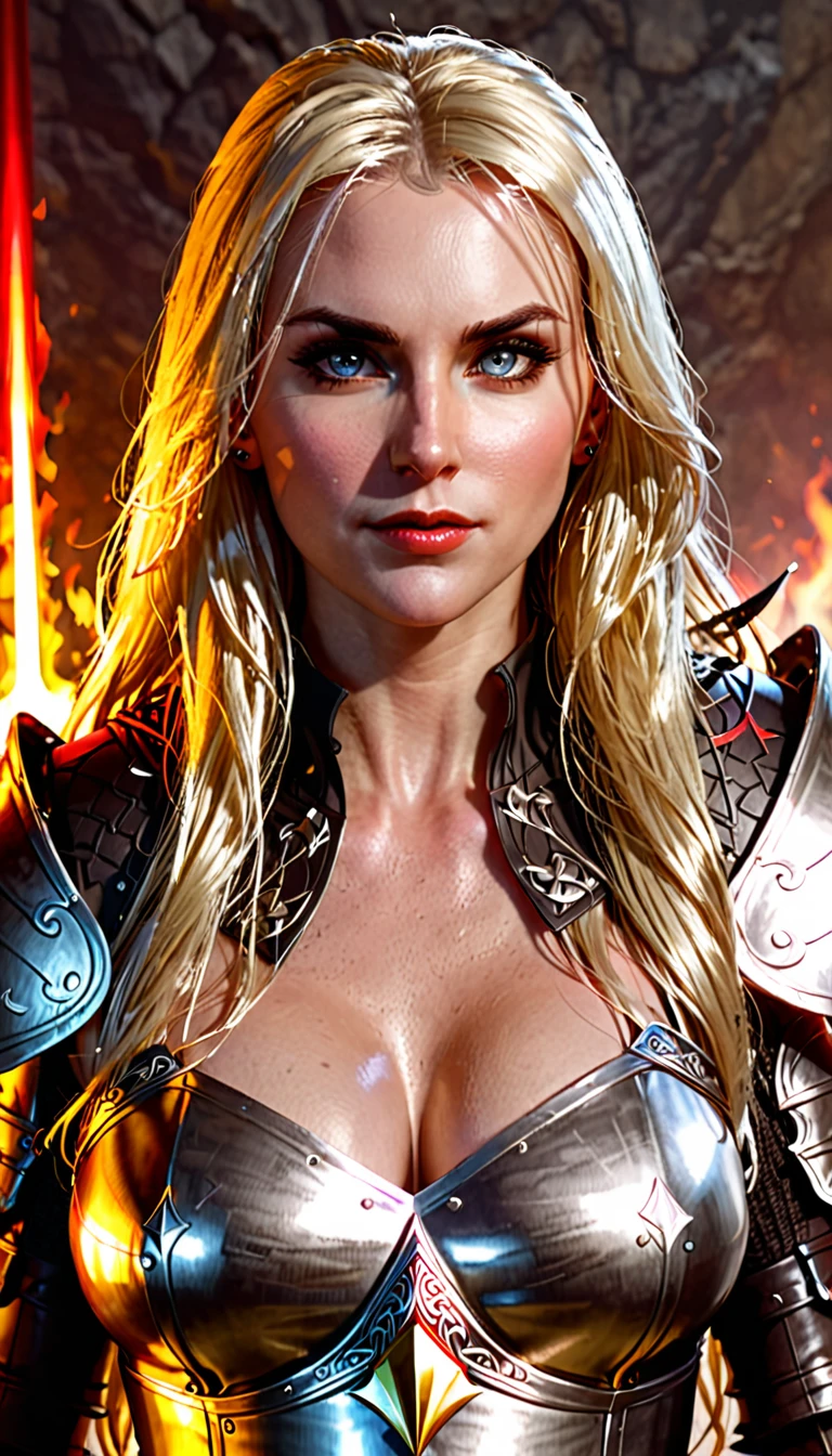 (character portrait for the game Dungeons and dragons), (female 30 years old, spellblade, high charisma), (white skin:0.8, nordic facial features, heavy black makeup, light blue eyes, blond, long, straight hair), (dark fantasy), (heavy platemail armor, gray metallic, cleavage),([dim lights], shadows in the background, red, black, yellow)