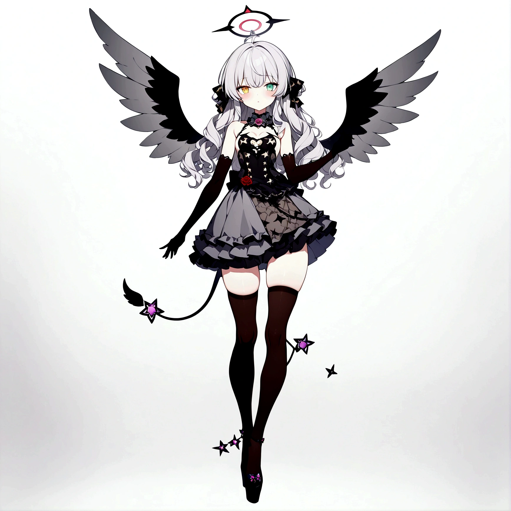 woman 160 cm tall, slim build. (character design sheet: front view). Long Wavy Gray Hair with Knee Length Curls. (heterochromia: one light green eye and one amber eye), she has little ribbons in her hair, rose-shaped brooch on the right side of the hair. extremely detailed face, small face, Beautiful detailed eyes, beautiful detailed lips. adorable, extremely detailed legs, (Best Quality, 4k, 8k, high resolution), ultra detailed, Exquisite and epic character art.. Black high stockings with gold star print.. Black platform heels, One-piece dress with low waist and ruffles. He has black robotic arms with pink up to the elbow.. dark gray belt at the waist with a small platinum blue crescent, black necklace on the neck with rose-shaped decoration. He has short angel wings on his back that are dark blue and black... It has a succubus tail that ends in a heart shape at the tip... Wide hips. Wears a luminous gray and black halo with rose patterns.. (small chest size).