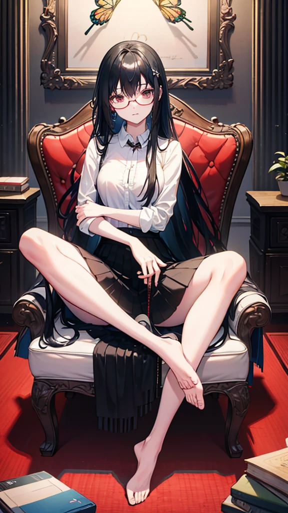, long black hair, Nerd, sitting like a butterfly in the living room