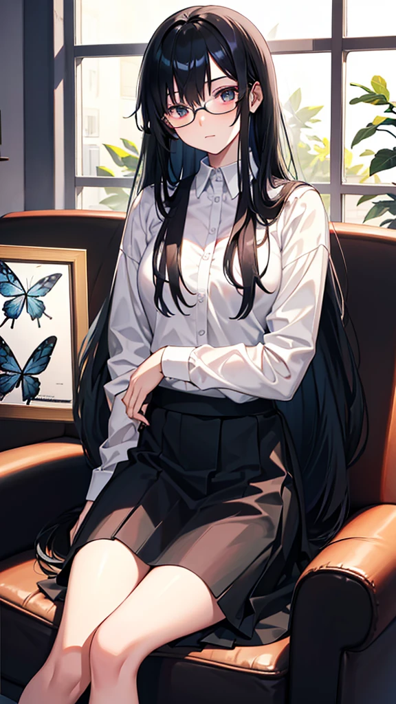 , long black hair, Nerd, sitting like a butterfly in the living room