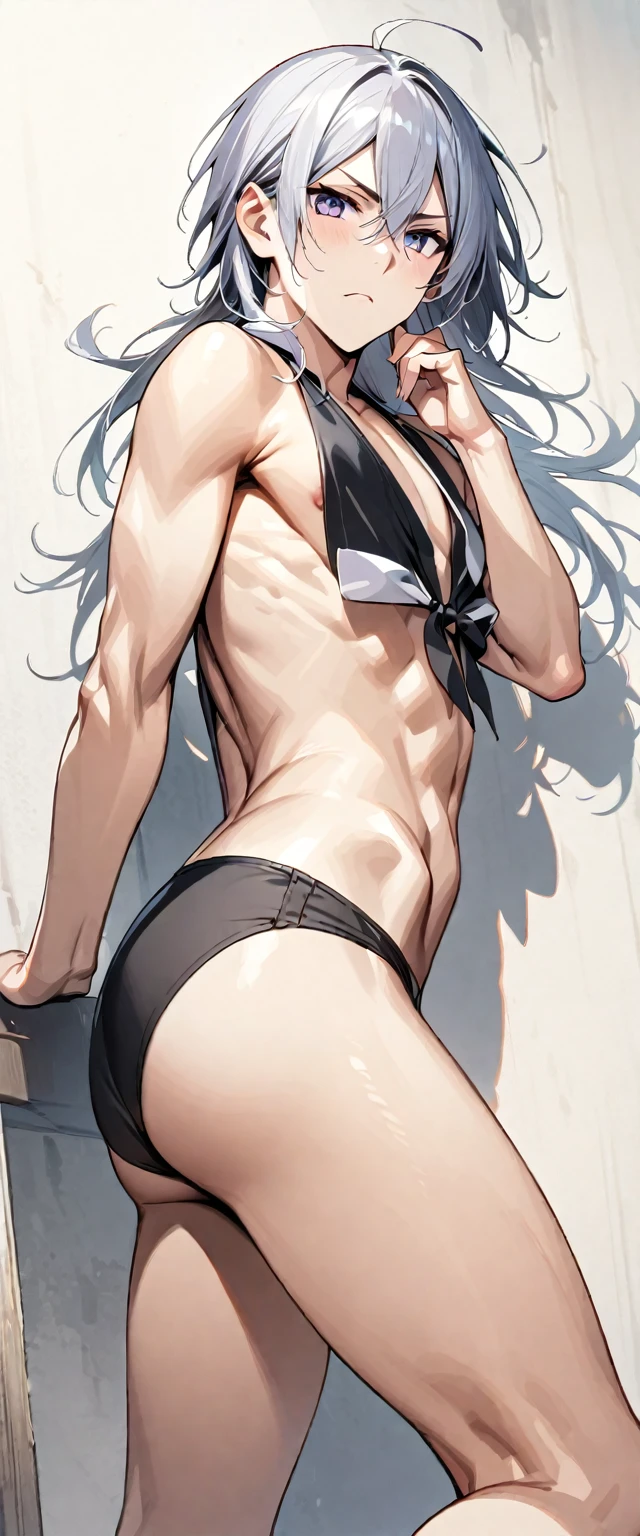 absurdres, highres, ultra detailed, super fine illustration, best quality, 1boy, perfect anatomy, male focus, solo, (dark-skinned:0.8) male, silver hair, long hair, black bikini, bare shoulders, bare arms, bare legs, &lt;lora:_L2090:-0.6&gt; &lt;lora:flat:-0.2&gt;
