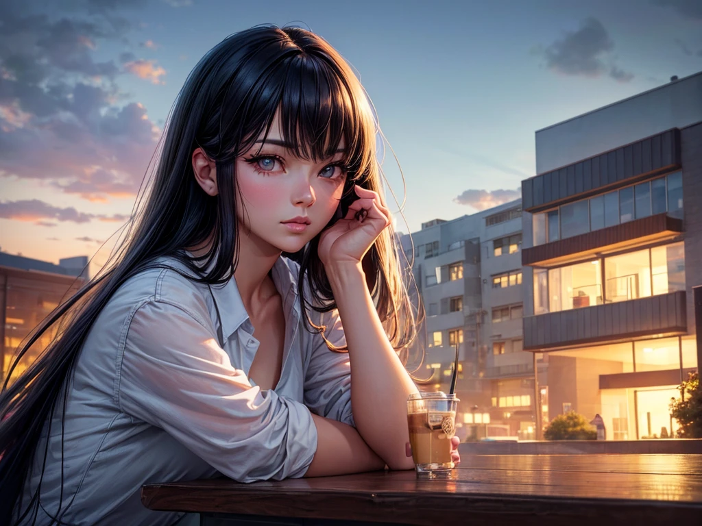 a beautiful girl with long black hair, anime style, lofi aesthetic, drinking coffee in a suburban setting, (best quality,4k,8k,highres,masterpiece:1.2),ultra-detailed,(realistic,photorealistic,photo-realistic:1.37),beautiful detailed eyes,beautiful detailed lips,extremely detailed eyes and face,longeyelashes,1girl,digital painting,soft lighting,warm color tones,cozy atmosphere,cityscape in the background,relaxed pose,looking thoughtful