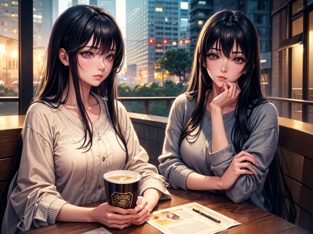 a beautiful girl with long black hair, anime style, lofi aesthetic, drinking coffee in a suburban setting, (best quality,4k,8k,highres,masterpiece:1.2),ultra-detailed,(realistic,photorealistic,photo-realistic:1.37),beautiful detailed eyes,beautiful detailed lips,extremely detailed eyes and face,longeyelashes,1girl,digital painting,soft lighting,warm color tones,cozy atmosphere,cityscape in the background,relaxed pose,looking thoughtful