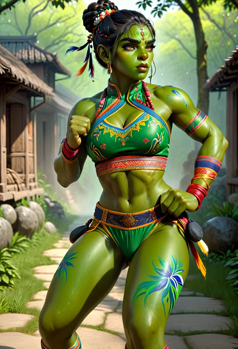 (danahamm:1.08), (style-sylvamagic:0.88), (extremely detailed CG octane render 8k wallpaper), the most beautiful artwork in the world, a Full body shot photo of a y solo woman looking at the camera, (nsfw:0.50), full dynamic color, Intricate, High Detail, Sharp focus, dramatic, photorealistic masterpiece painting, modelshoot style, orc women, tusks, green skin, 6 pack, toned, muscles, biceps, pouty lips, long single braid hair with bun, east indian clothing, realistic fabric, colourful bodypaint, strong thighs, fieerfect skin, detailed skin, martial artist pose, boxing stance, fist wraps