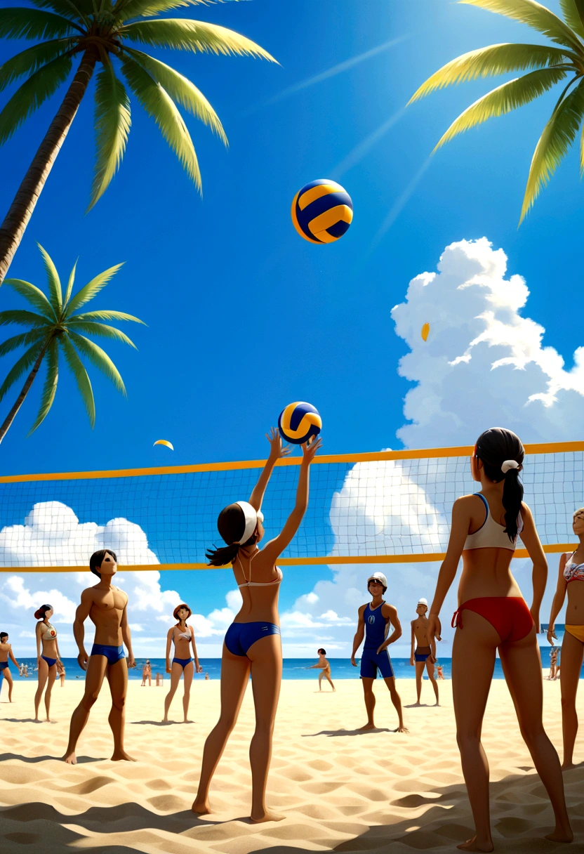 Beach Volleyball, by Skottie Young, full body, cinematic still, cinemascope, best quality, masterpiece, very aesthetic, perfect composition, intricate details, ultra-detailed, vivid colors