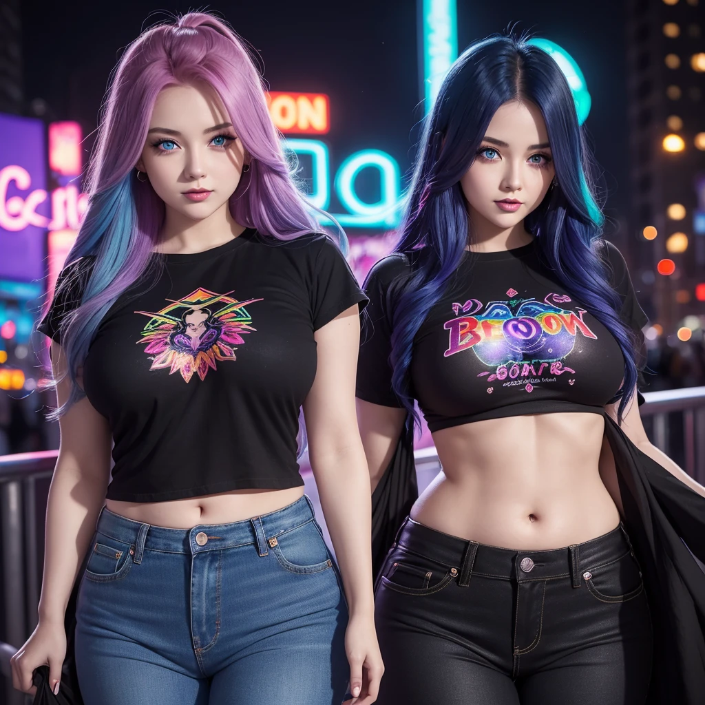 A beautiful young woman, aged 28, long rainbow colored hair, sapphire blue eyes that shine like gemstones, curvy figure, wearing a black cropped t-shirt with a floral pattern, wearing low rise dark purple jeans, colorful city background with neon, nighttime, blood red moon in the sky, neon smoke