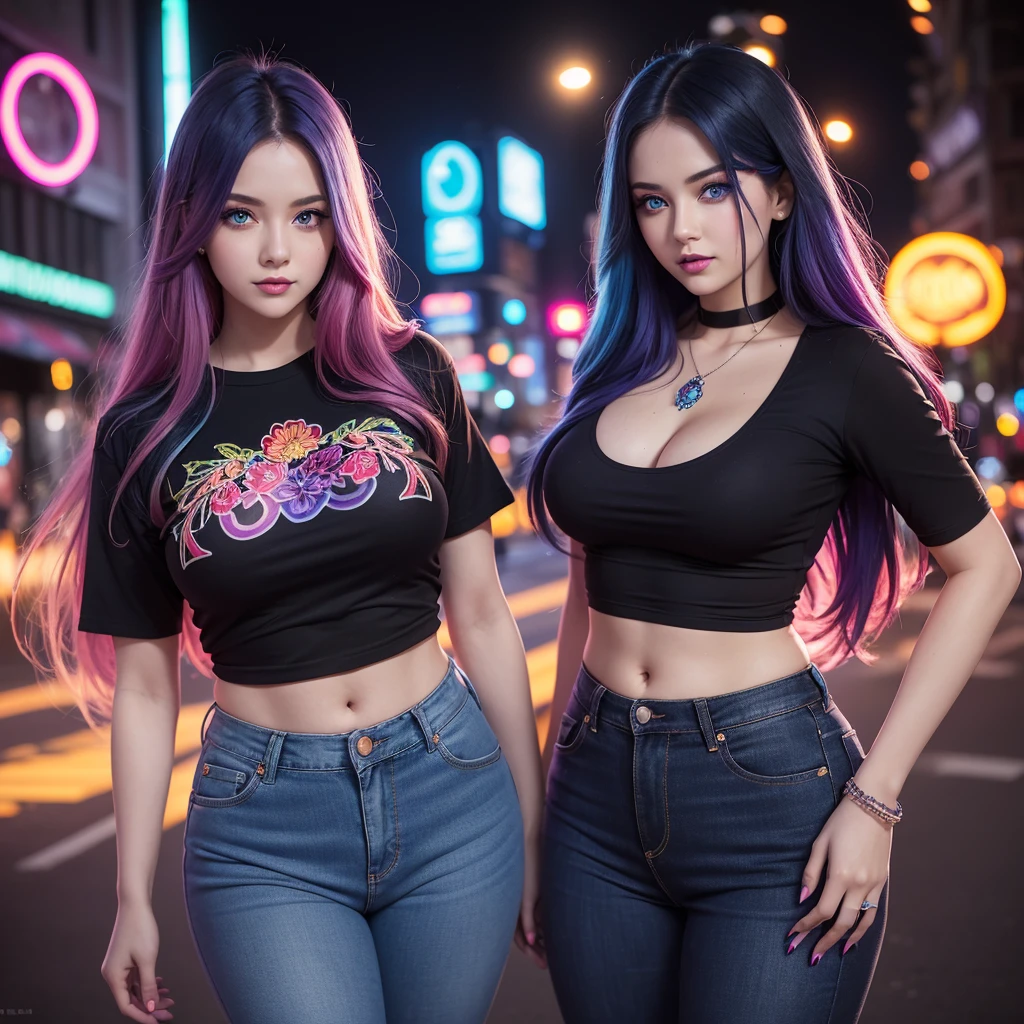 A beautiful young woman, aged 28, long rainbow colored hair, sapphire blue eyes that shine like gemstones, curvy figure, wearing a black cropped t-shirt with a floral pattern, wearing low rise dark purple jeans, colorful city background with neon, nighttime, blood red moon in the sky, neon smoke