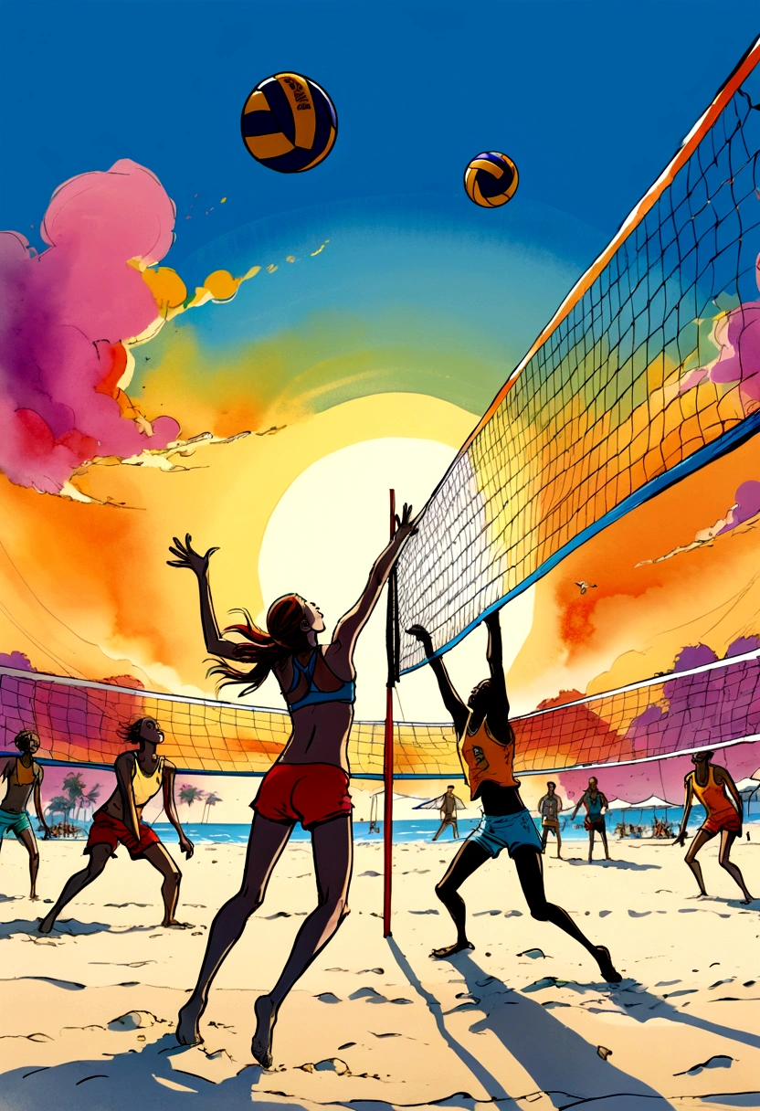 Beach Volleyball, by Skottie Young, full body, cinematic still, cinemascope, best quality, masterpiece, very aesthetic, perfect composition, intricate details, ultra-detailed, vivid colors