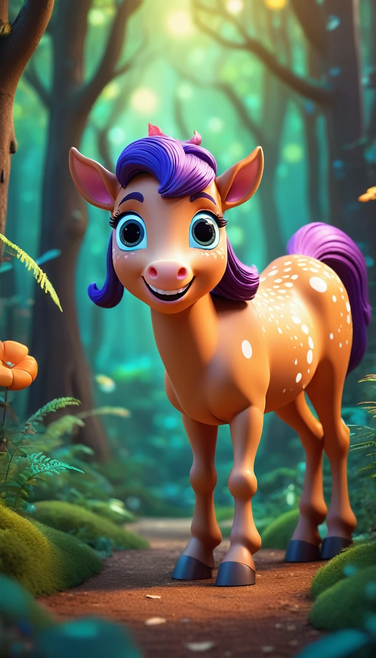 A cute centaur with big eyes and a friendly smile, standing in a magical forest. The character is designed in the style of Pixar animation studio, created using C4D software. It has an adorable and colorful appearance, with playful elements and a joyful expression. This enchanting scene adds a touch of fantasy to your mobile phone wallpaper. --ar 1:1 --v 6.0 --3D render