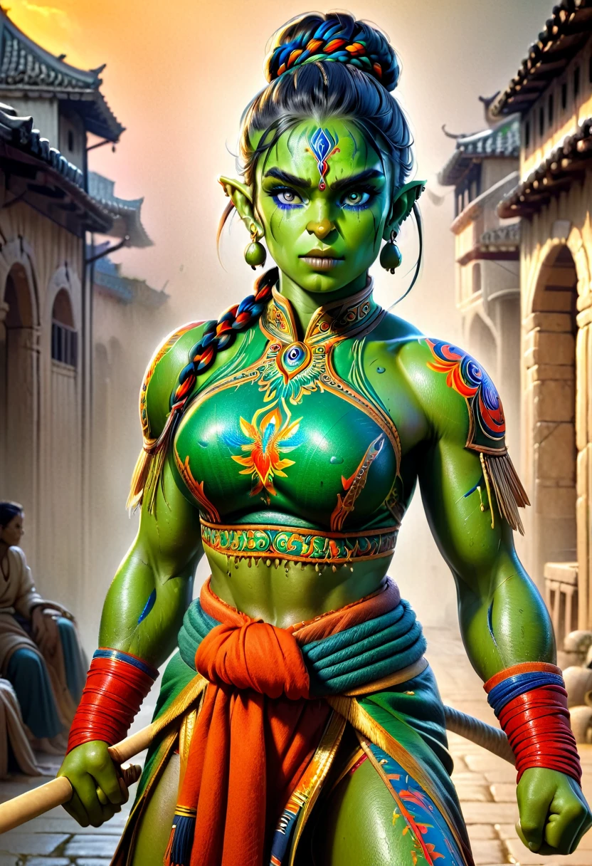 (a beautiful orc woman warrior with green skin, tusks, 6 pack abs, toned muscles, long single braid with bun, east indian clothing, colourful bodypaint, fierce expression, perfect skin, dramatic martial artist pose, boxing stance, fist wraps, full body shot, photorealistic masterpiece painting, model shoot style, extremely detailed CG octane render, 8k, sharp focus, high detail, intricate, dramatic, vivid colors, best quality, masterpiece:1.2)