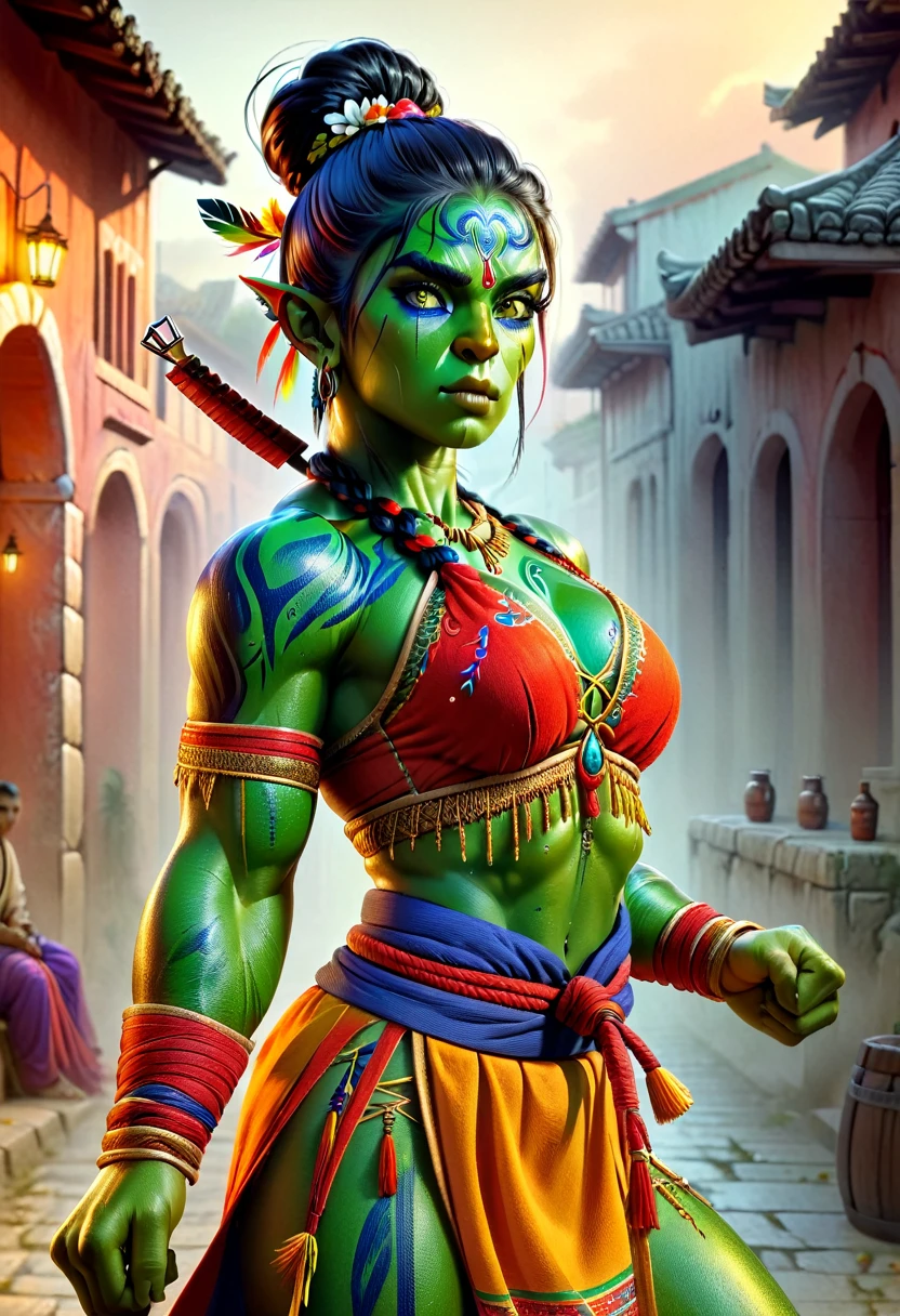 (a beautiful orc woman warrior with green skin, tusks, 6 pack abs, toned muscles, long single braid with bun, east indian clothing, colourful bodypaint, fierce expression, perfect skin, dramatic martial artist pose, boxing stance, fist wraps, full body shot, photorealistic masterpiece painting, model shoot style, extremely detailed CG octane render, 8k, sharp focus, high detail, intricate, dramatic, vivid colors, best quality, masterpiece:1.2)